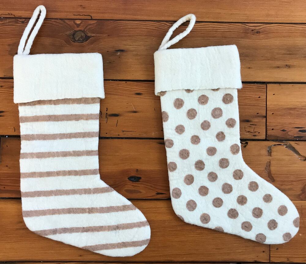 Pair Felted Wool Gold Natural Vtg Style Striped Polka Dot Christmas Stockings